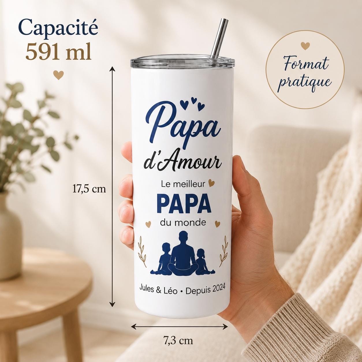 Gourde personnalisée papa avec prénom et date – cadeau fête des pères, bouteille isotherme 591 ml avec paille