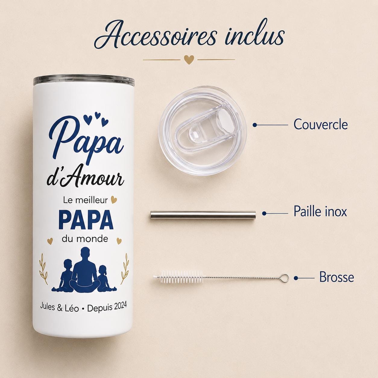 Gourde personnalisée papa avec prénom et date – cadeau fête des pères, bouteille isotherme 591 ml avec paille