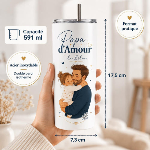 Gourde Papa Personnalisée avec Photo, Prénom et Texte, Cadeau Fête des Pères, Gourde Isotherme 591 ml avec Paille