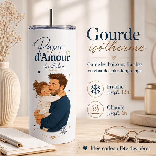 Gourde Papa Personnalisée avec Photo, Prénom et Texte, Cadeau Fête des Pères, Gourde Isotherme 591 ml avec Paille