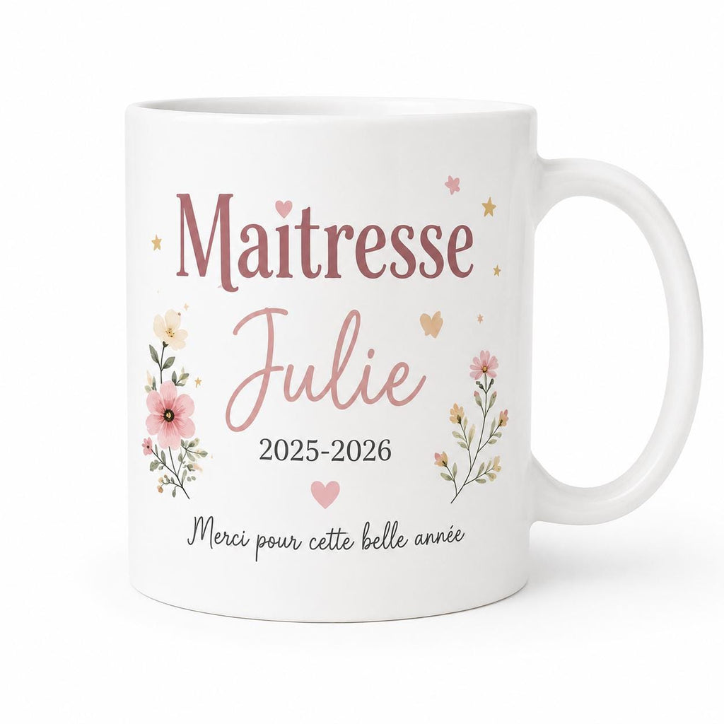 Mug maîtresse personnalisé avec prénom Julie, cadeau de fin d’année scolaire floral et élégant