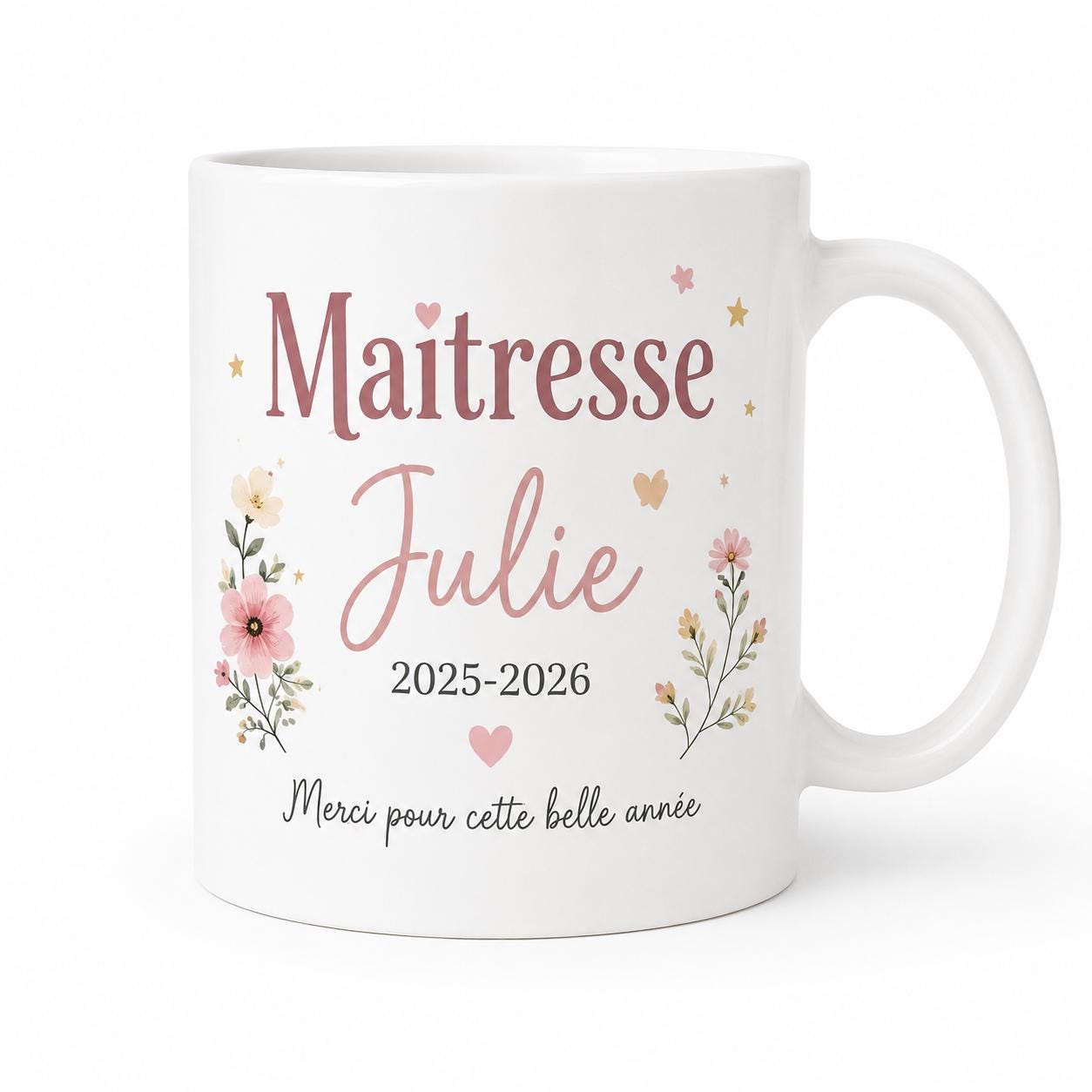 Mug maîtresse personnalisé avec prénom Julie, cadeau de fin d’année scolaire floral et élégant