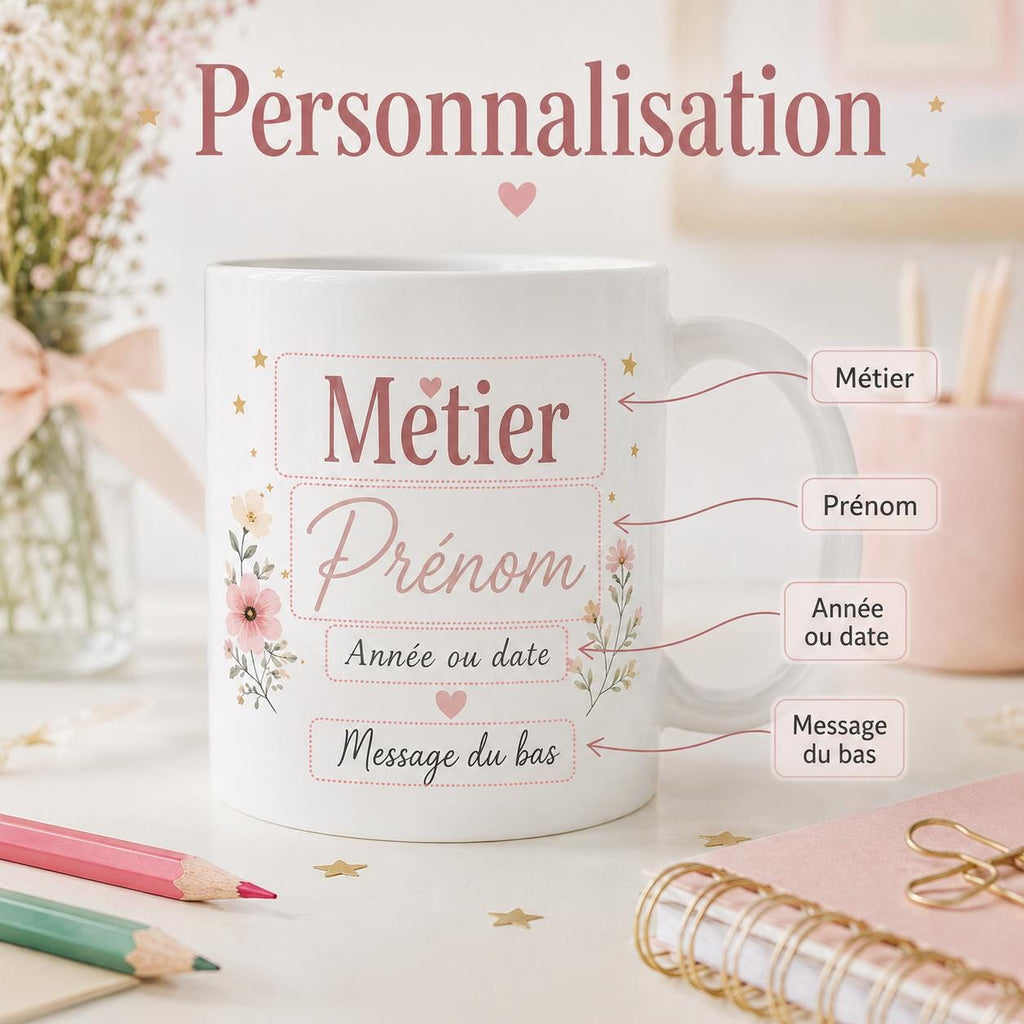 Mug merci maîtresse personnalisé avec message au dos, prénom enfant et design floral pastel