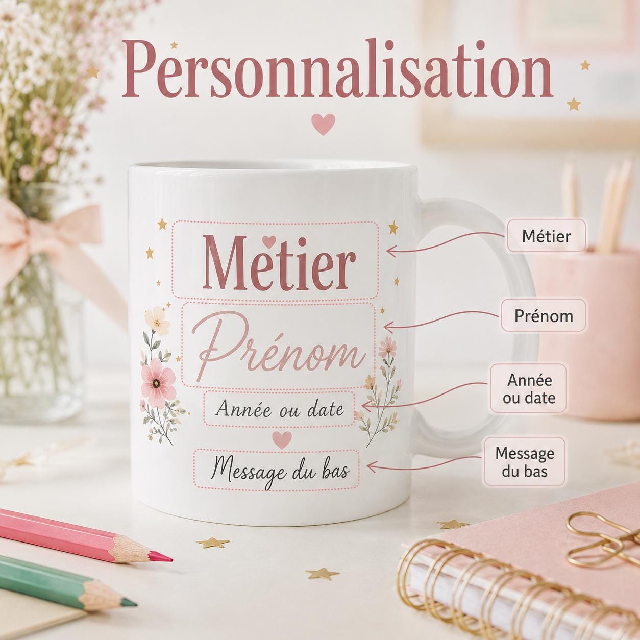 Mug merci maîtresse personnalisé avec message au dos, prénom enfant et design floral pastel