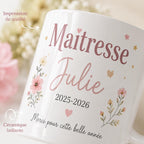 Cadeau maîtresse personnalisé, tasse céramique blanche avec prénom, année 2025-2026 et message merci