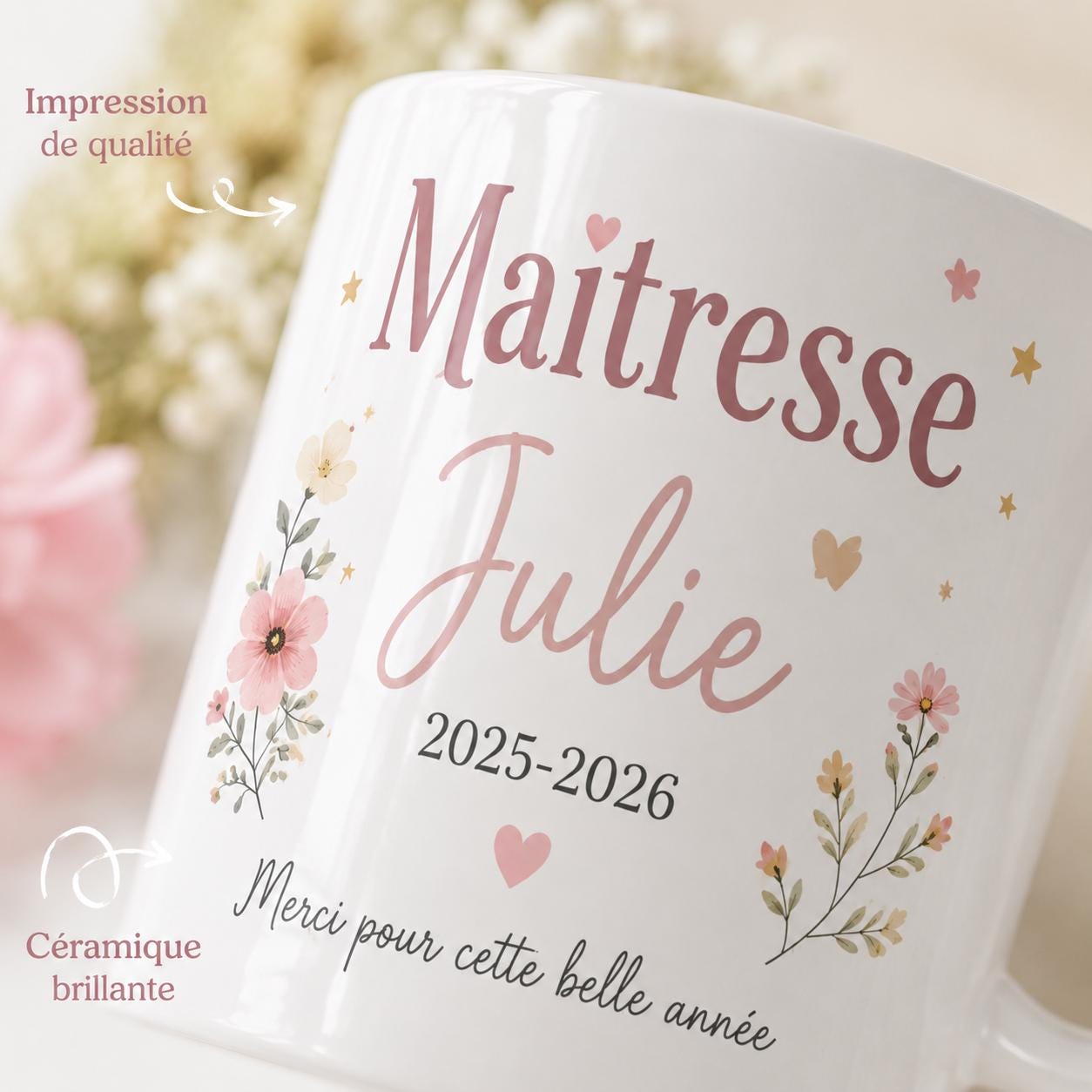 Cadeau maîtresse personnalisé, tasse céramique blanche avec prénom, année 2025-2026 et message merci