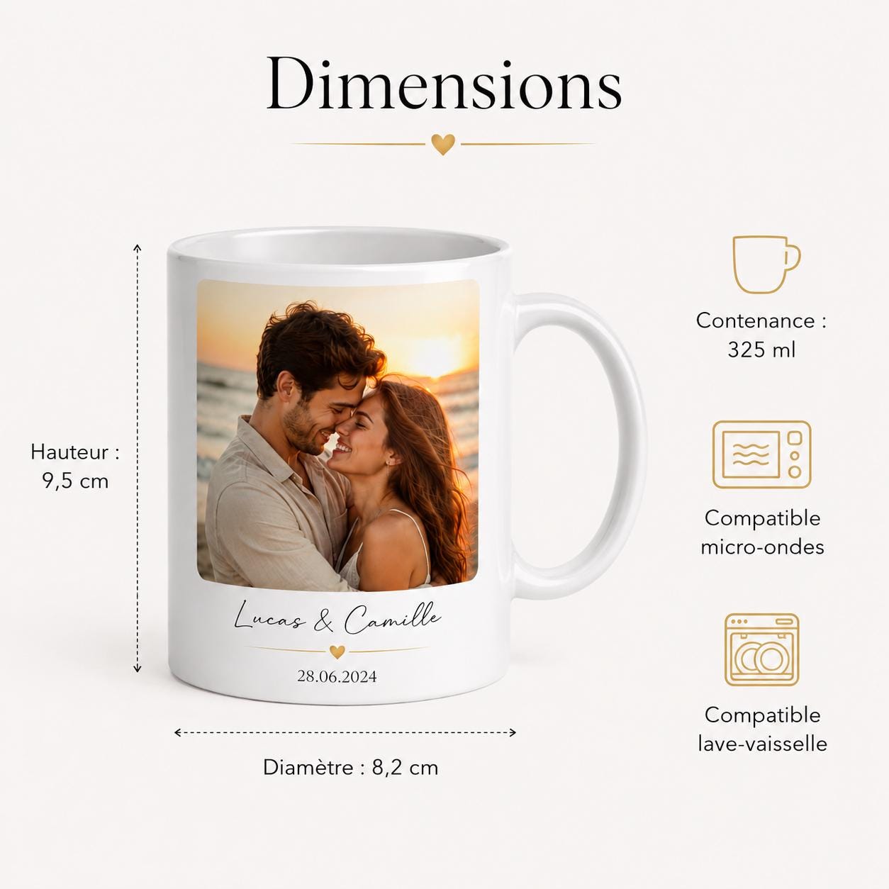Mug personnalisé photo – Tasse photo personnalisée céramique avec prénoms et date, cadeau couple ou famille