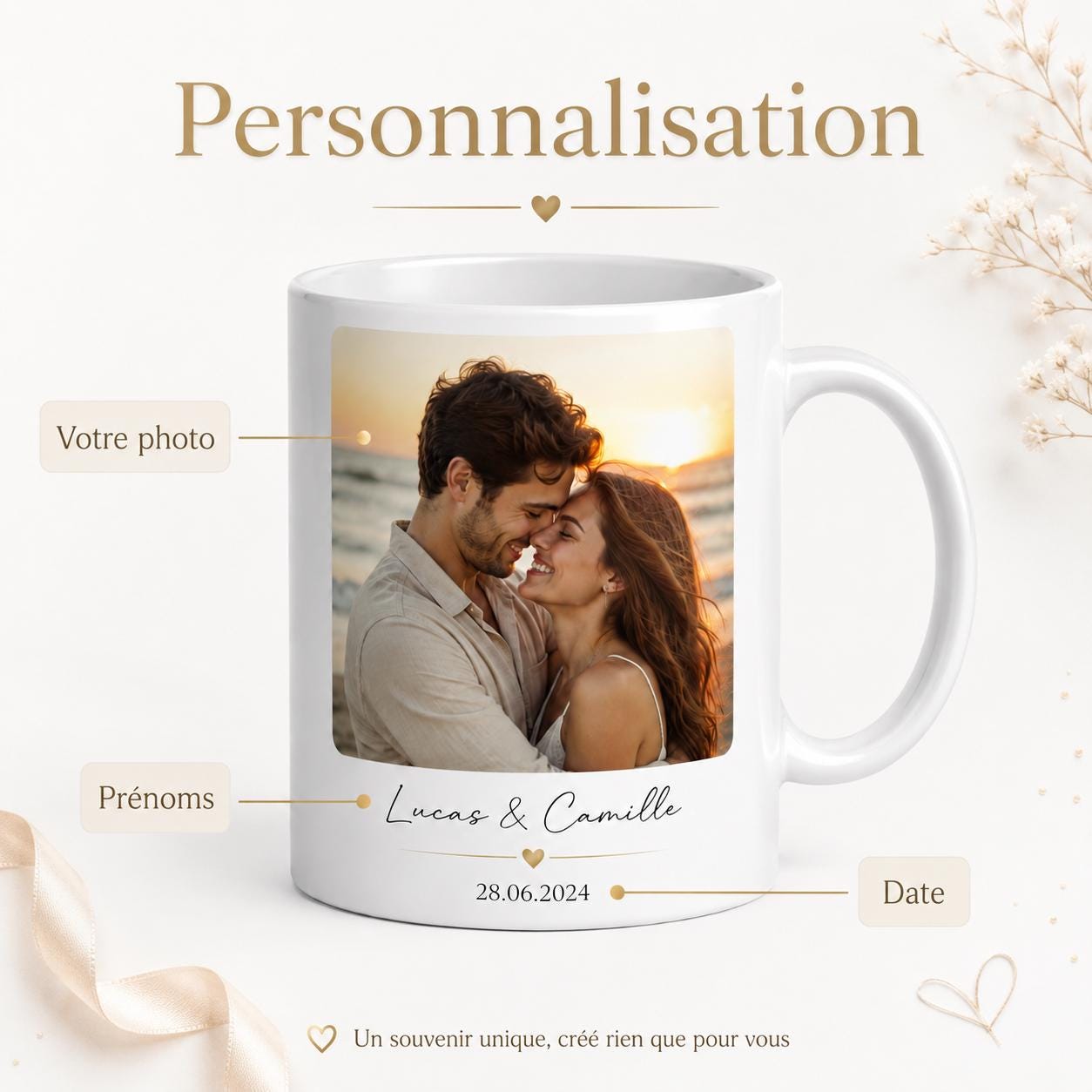 Mug personnalisé photo – Tasse photo personnalisée céramique avec prénoms et date, cadeau couple ou famille