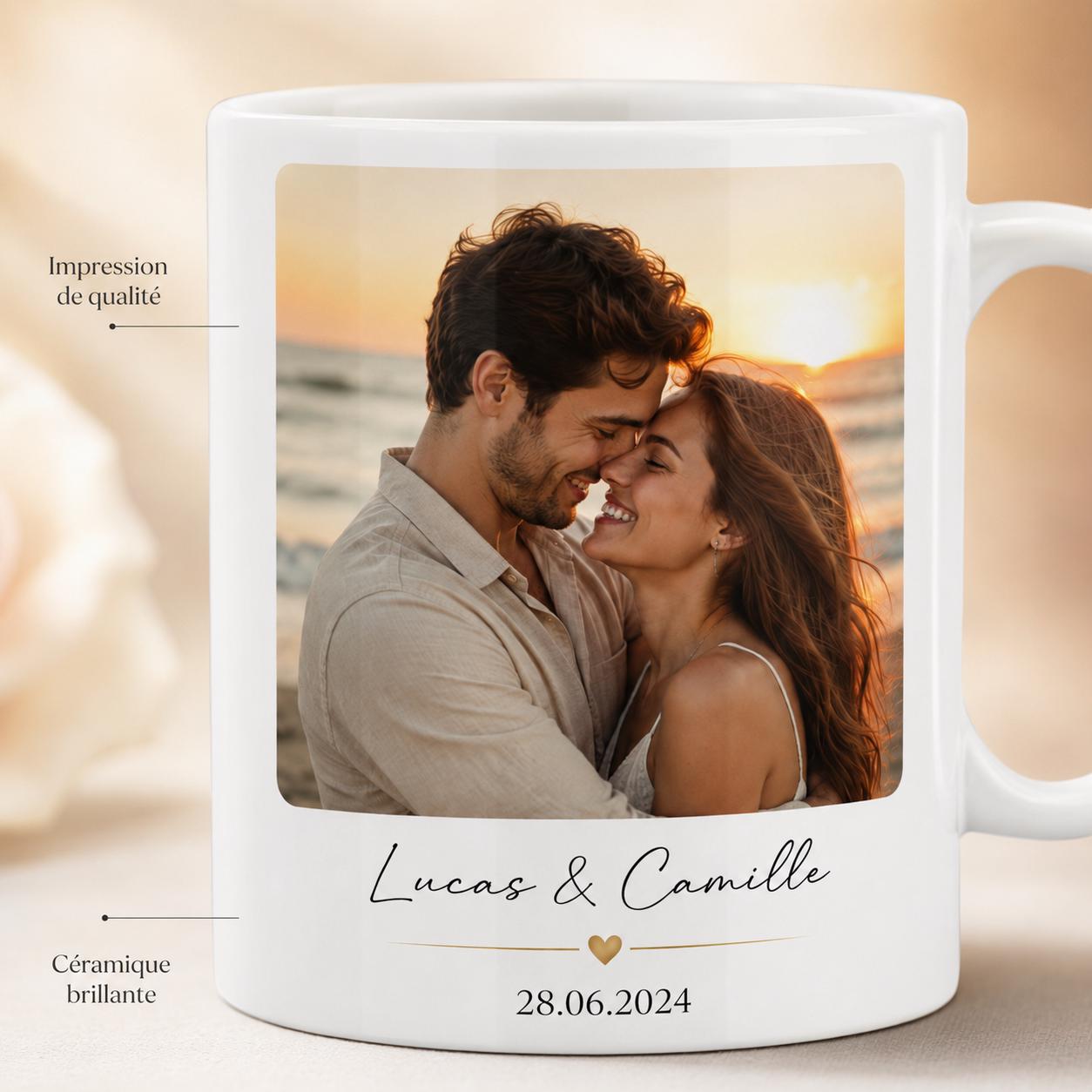 Mug personnalisé photo – Tasse photo personnalisée céramique avec prénoms et date, cadeau couple ou famille