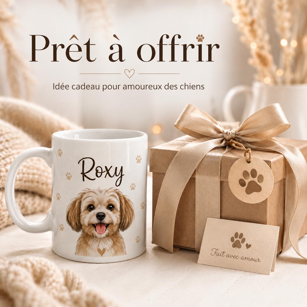 Exemple de personnalisation mug chien avec prénom et photo, cadeau souvenir pour amoureux des animaux