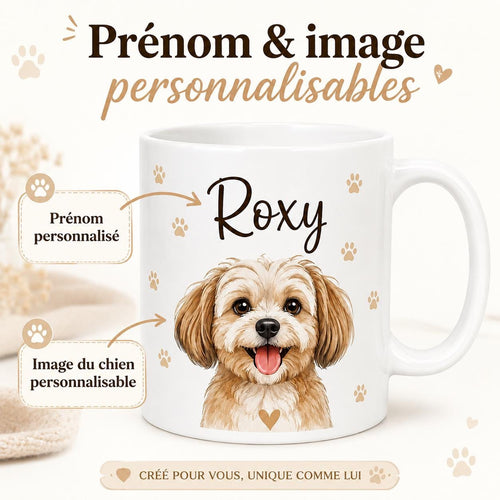Tasse personnalisée chien avec prénom Roxy et portrait illustré, cadeau unique pour amoureux des chiens