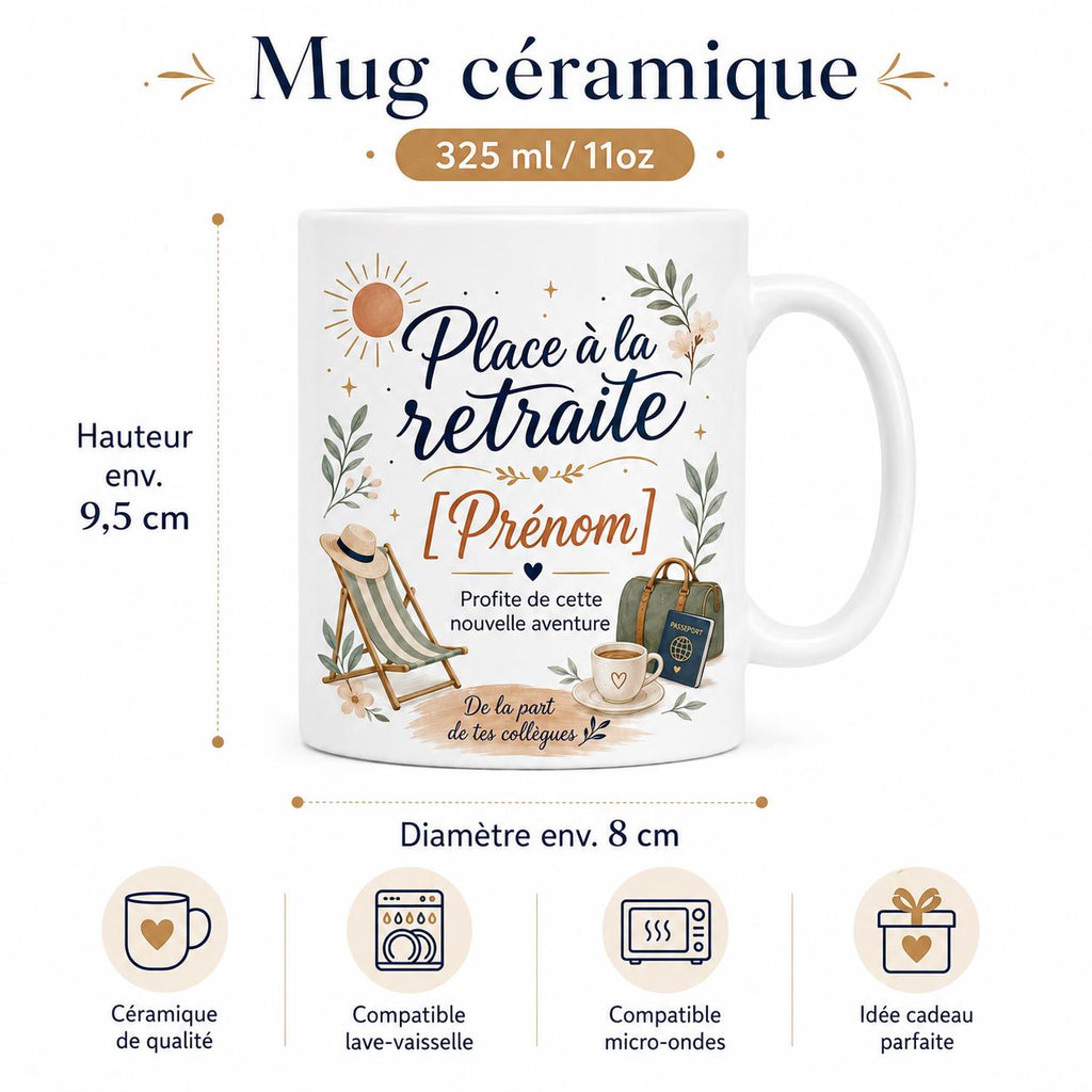 Mug retraite personnalisable avec prénom, petit message et signature de l’équipe, cadeau personnalisé pour collègue partant à la retraite.