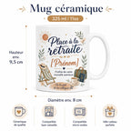 Mug retraite personnalisable avec prénom, petit message et signature de l’équipe, cadeau personnalisé pour collègue partant à la retraite.