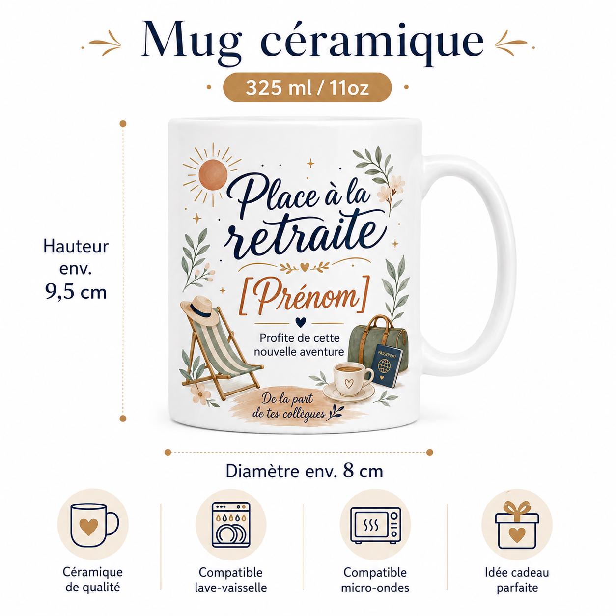 Mug retraite personnalisable avec prénom, petit message et signature de l’équipe, cadeau personnalisé pour collègue partant à la retraite.