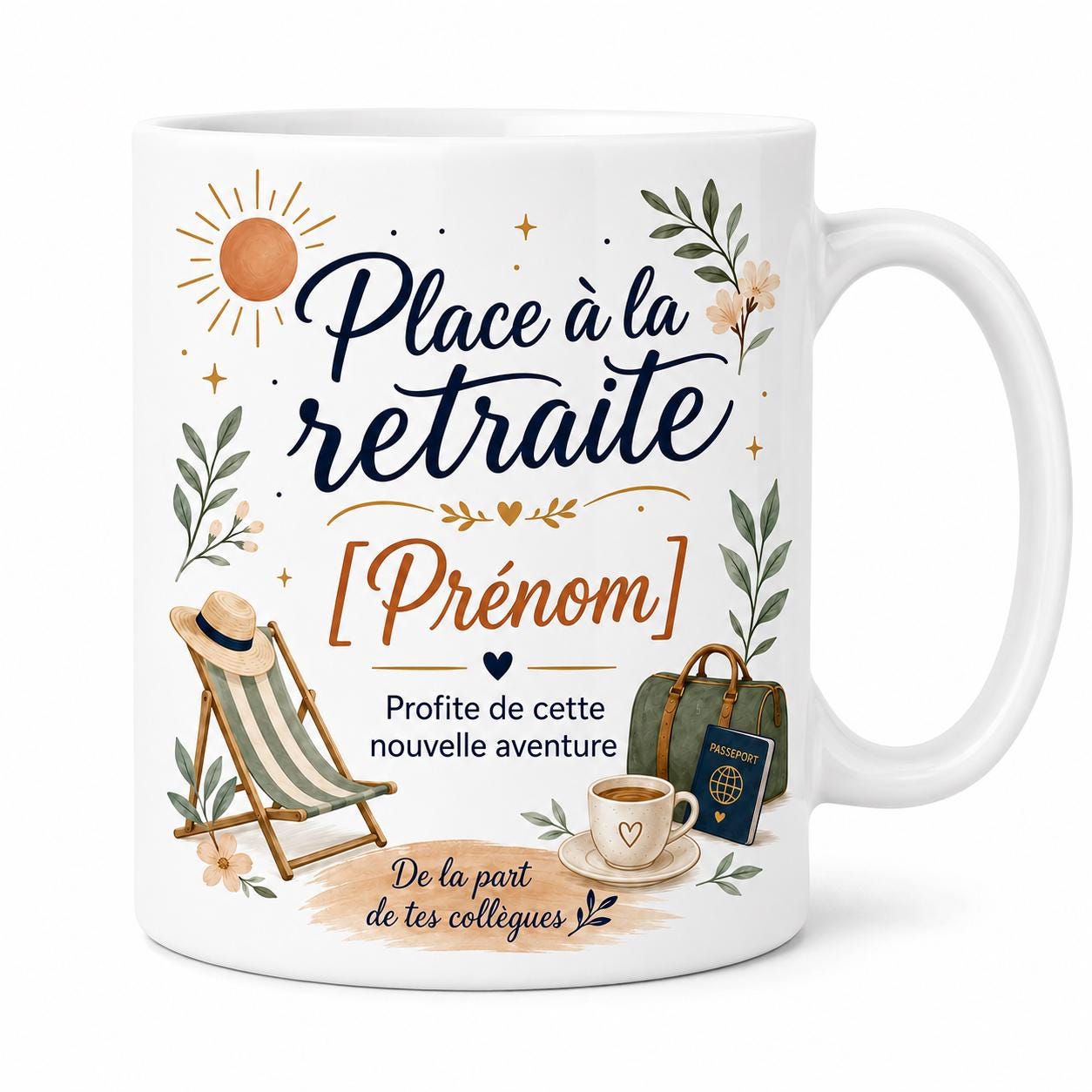 Exemple de mug retraite personnalisé avec le prénom Martine, design élégant avec soleil, feuillages, transat, passeport et message de départ.