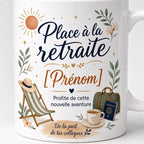 Mug céramique personnalisé retraite 325 ml 11oz, hauteur environ 9,5 cm, diamètre environ 8 cm, compatible lave-vaisselle et micro-ondes.