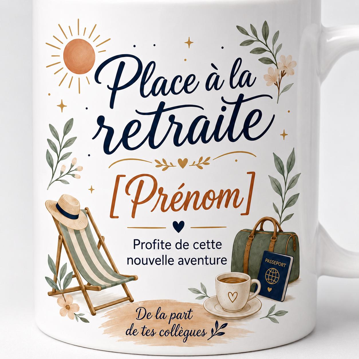 Mug céramique personnalisé retraite 325 ml 11oz, hauteur environ 9,5 cm, diamètre environ 8 cm, compatible lave-vaisselle et micro-ondes.