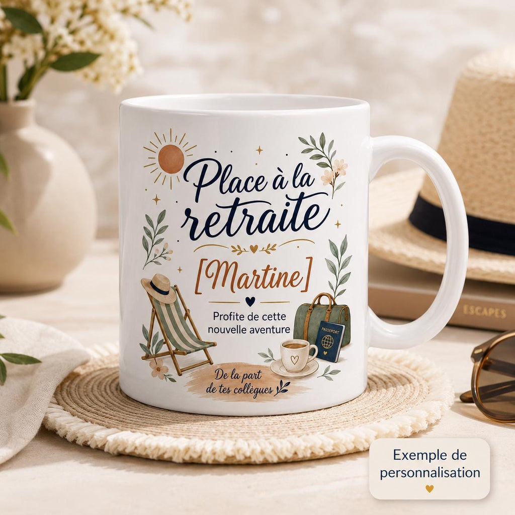 Infographie commande mug retraite personnalisé : passez commande, indiquez le prénom et le message, préparation du mug puis expédition soignée.