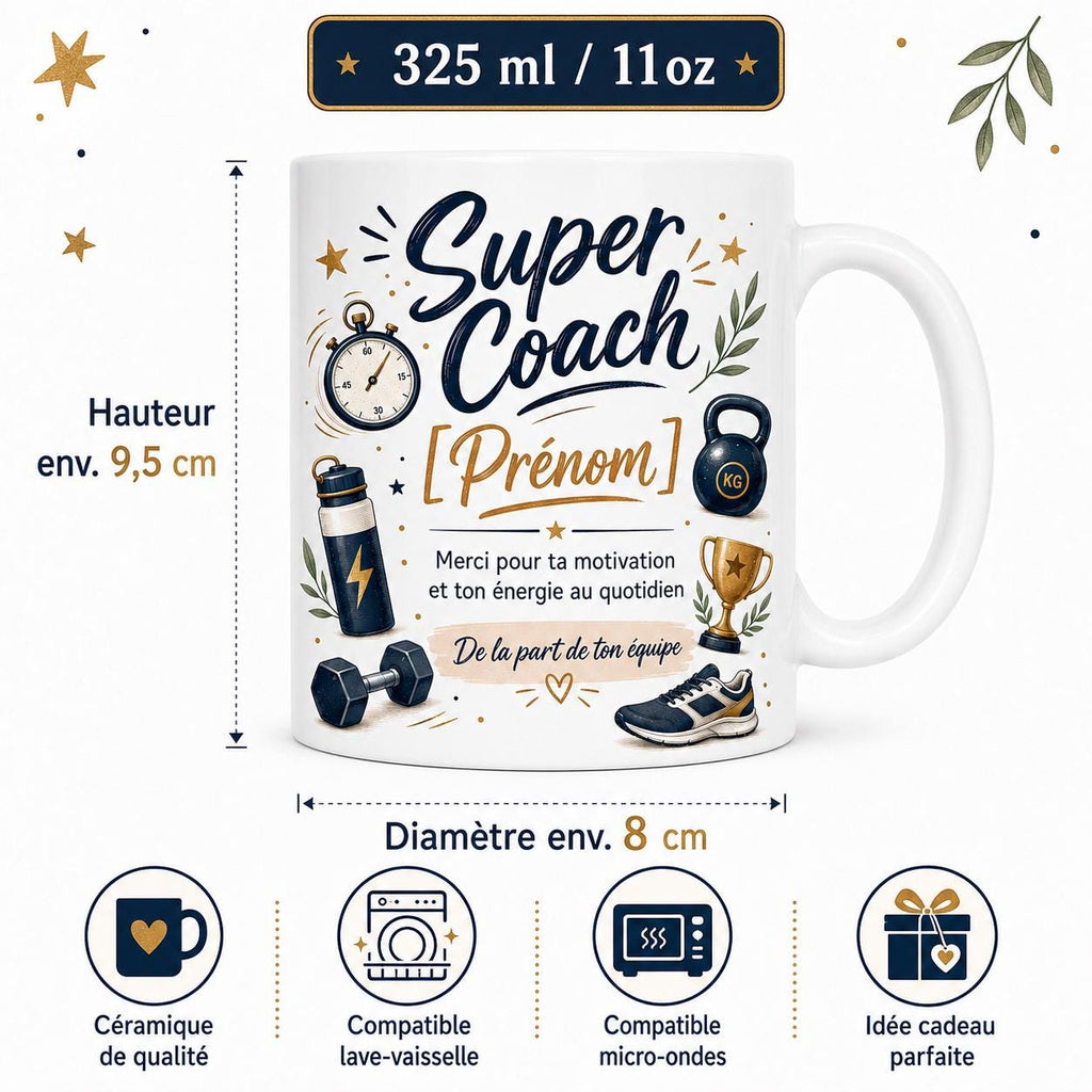 Mug Coach Sportif Personnalisé, Cadeau Merci Coach avec Prénom