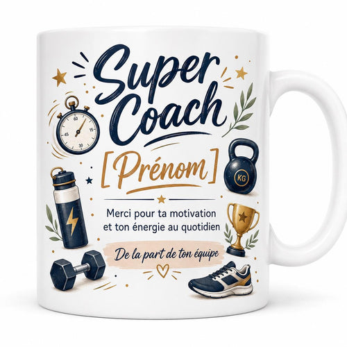Mug Coach Sportif Personnalisé, Cadeau Merci Coach avec Prénom