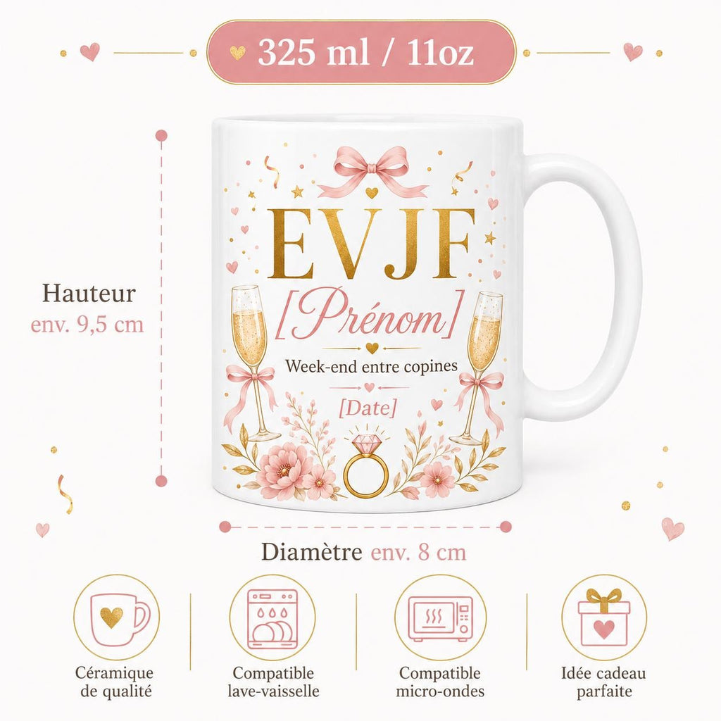 Mug EVJF Personnalisé, Cadeau Enterrement de Vie de Jeune Fille avec Prénom