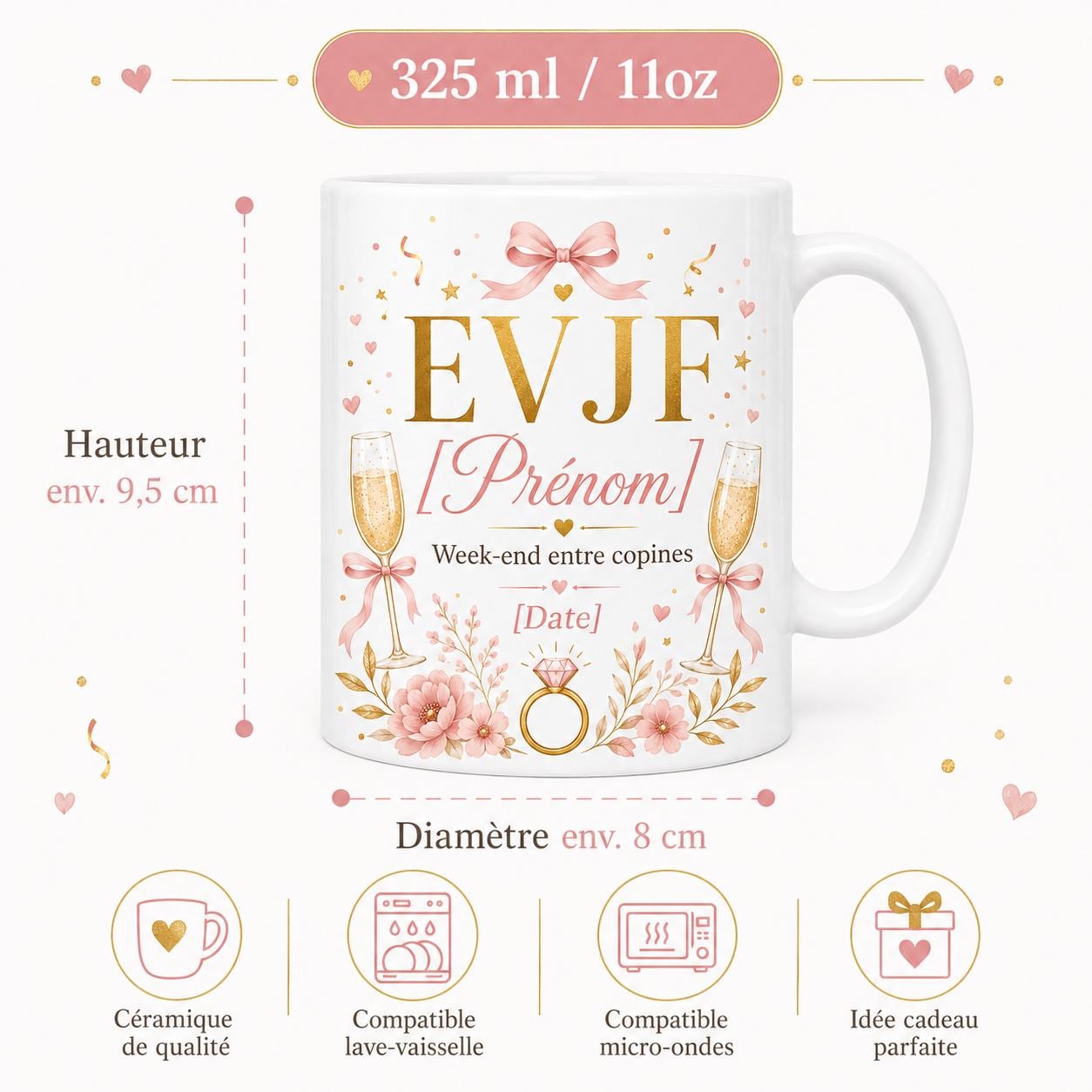 Mug EVJF Personnalisé, Cadeau Enterrement de Vie de Jeune Fille avec Prénom