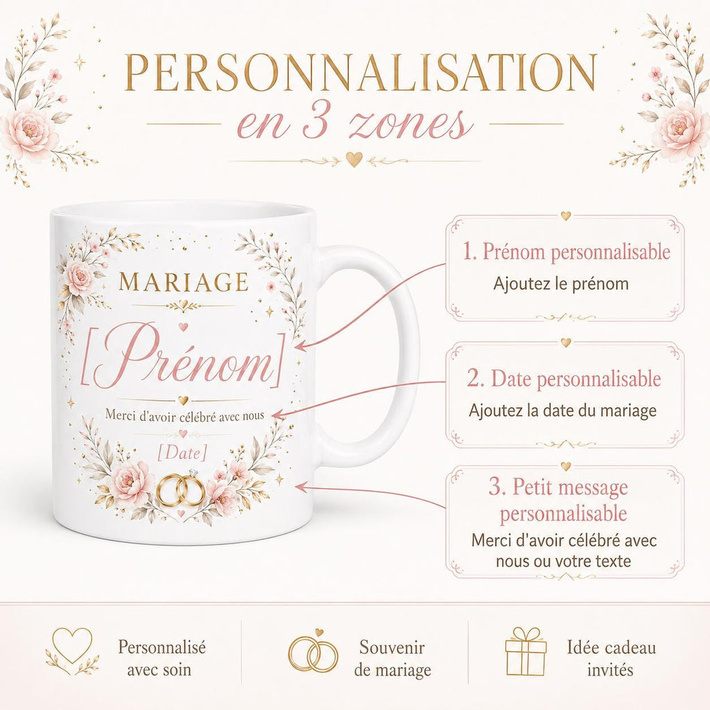 Mug Mariage Invités Personnalisé, Cadeau Souvenir avec Prénom et Date