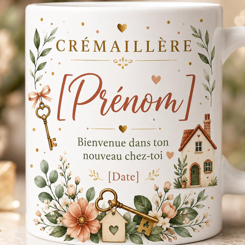 Mug Crémaillère Personnalisé, Cadeau Nouvelle Maison avec Prénom et Date