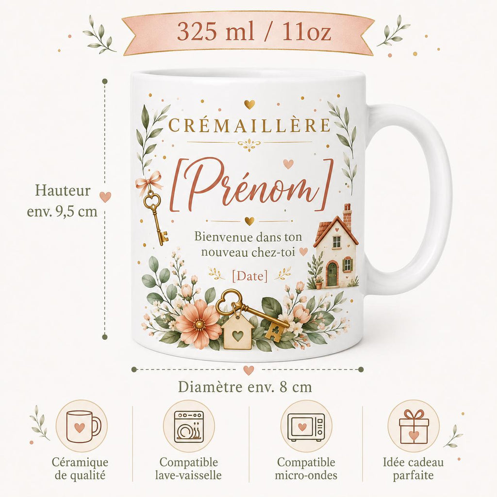 Mug Crémaillère Personnalisé, Cadeau Nouvelle Maison avec Prénom et Date