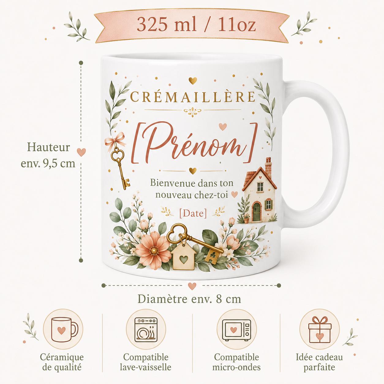 Mug Crémaillère Personnalisé, Cadeau Nouvelle Maison avec Prénom et Date