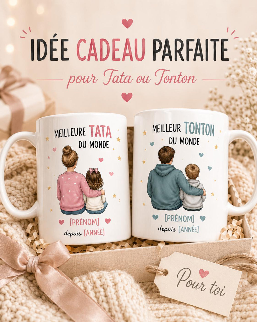 Mug Tata ou Tonton Personnalisé, Cadeau Famille avec Prénom et Message