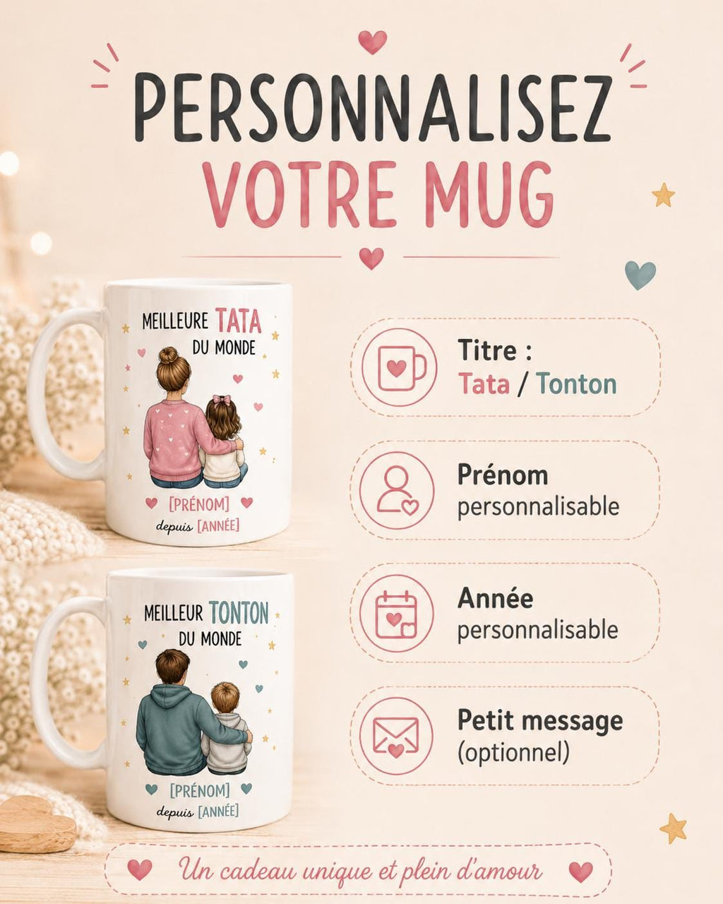 Mug Tata ou Tonton Personnalisé, Cadeau Famille avec Prénom et Message