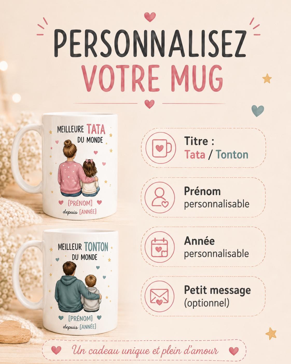 Mug Tata ou Tonton Personnalisé, Cadeau Famille avec Prénom et Message