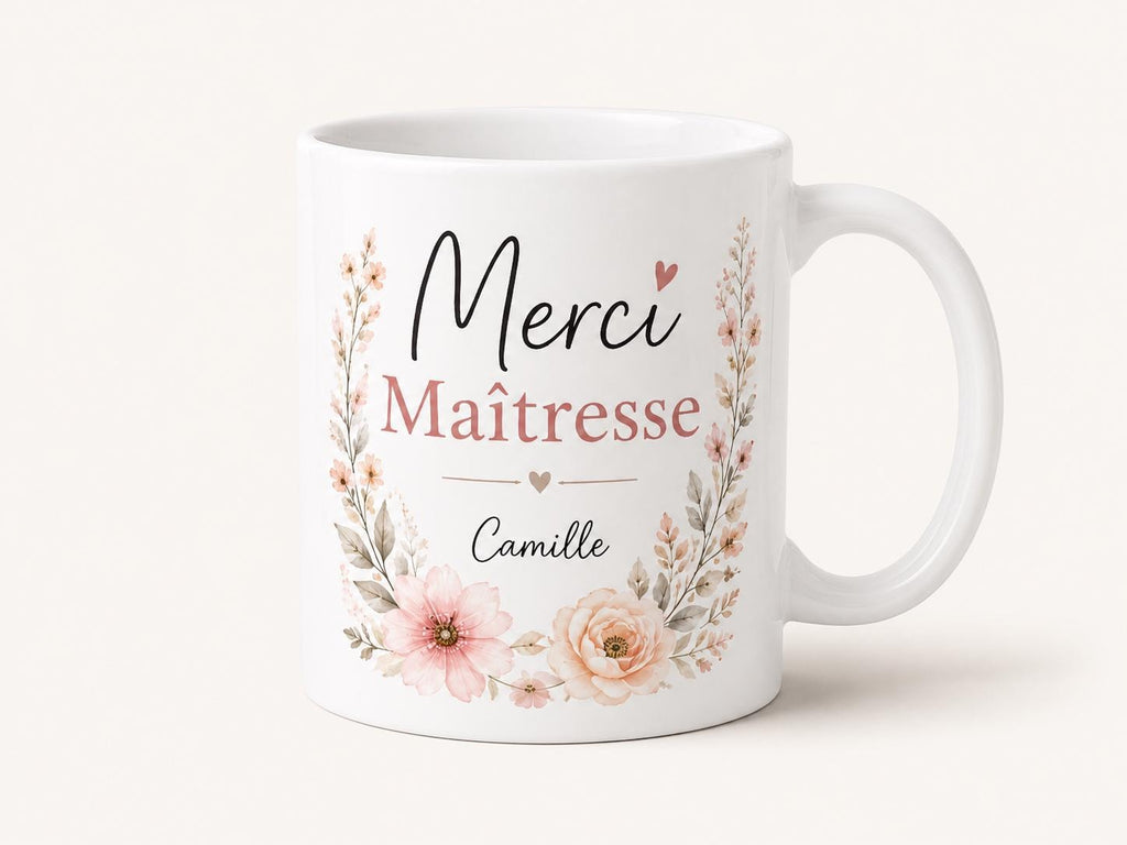 Mug Merci Maîtresse personnalisé prénom, design floral délicat fait main