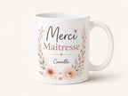 Mug Merci Maîtresse personnalisé prénom, design floral délicat fait main