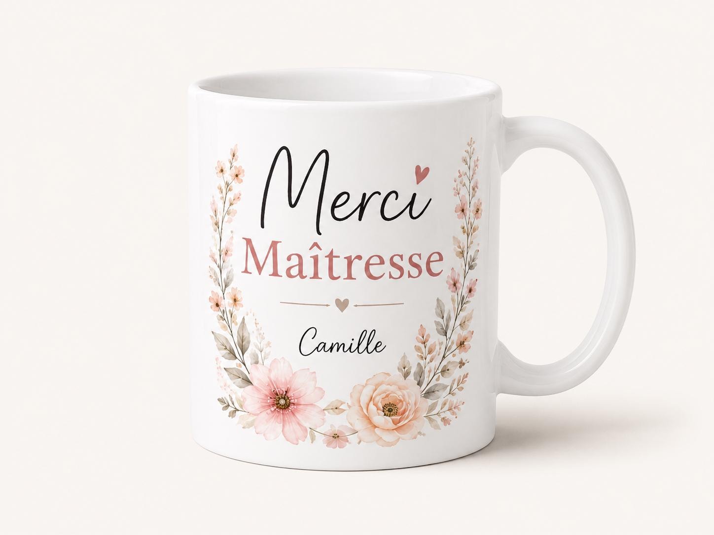 Mug Merci Maîtresse personnalisé prénom, design floral délicat fait main