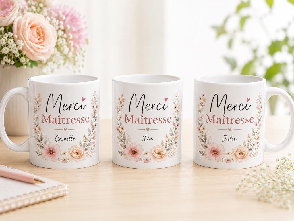 Exemple de personnalisation mug Merci Maîtresse avec prénom de l'enfant