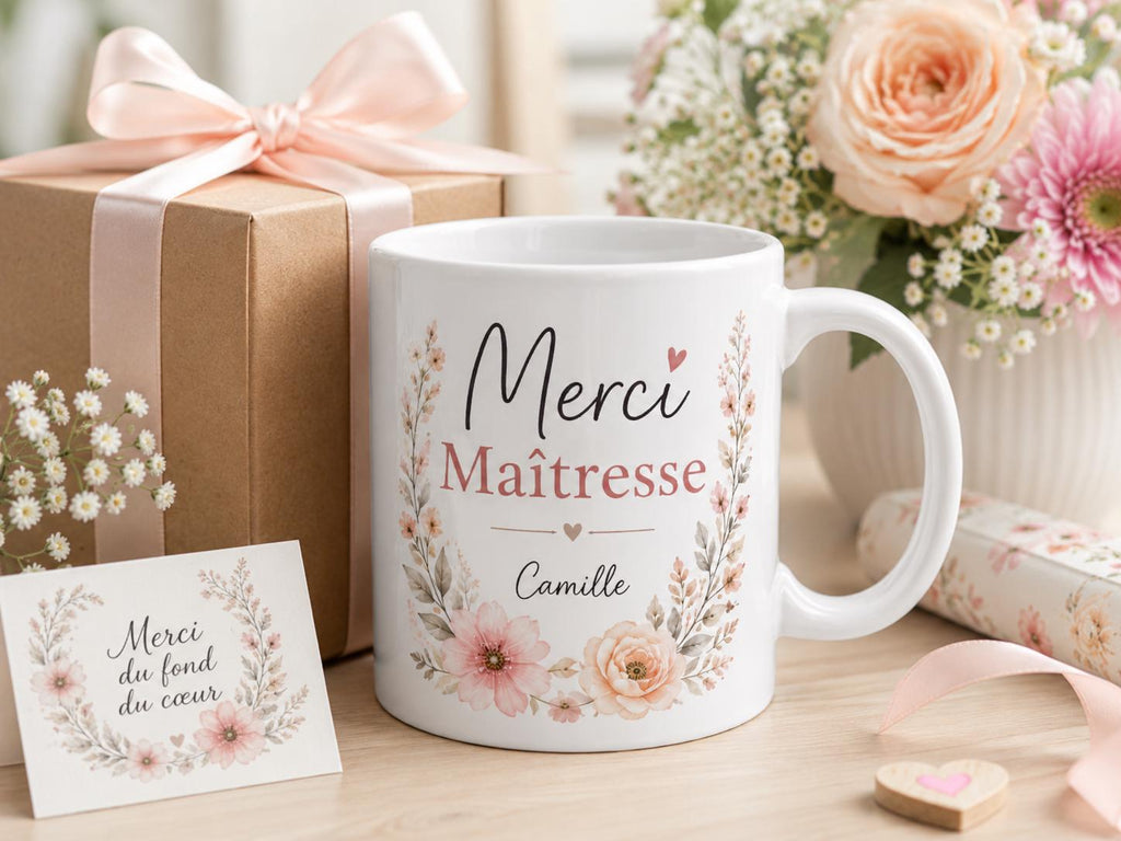 Mug Merci Maîtresse personnalisé sur bureau, cadeau enseignante original