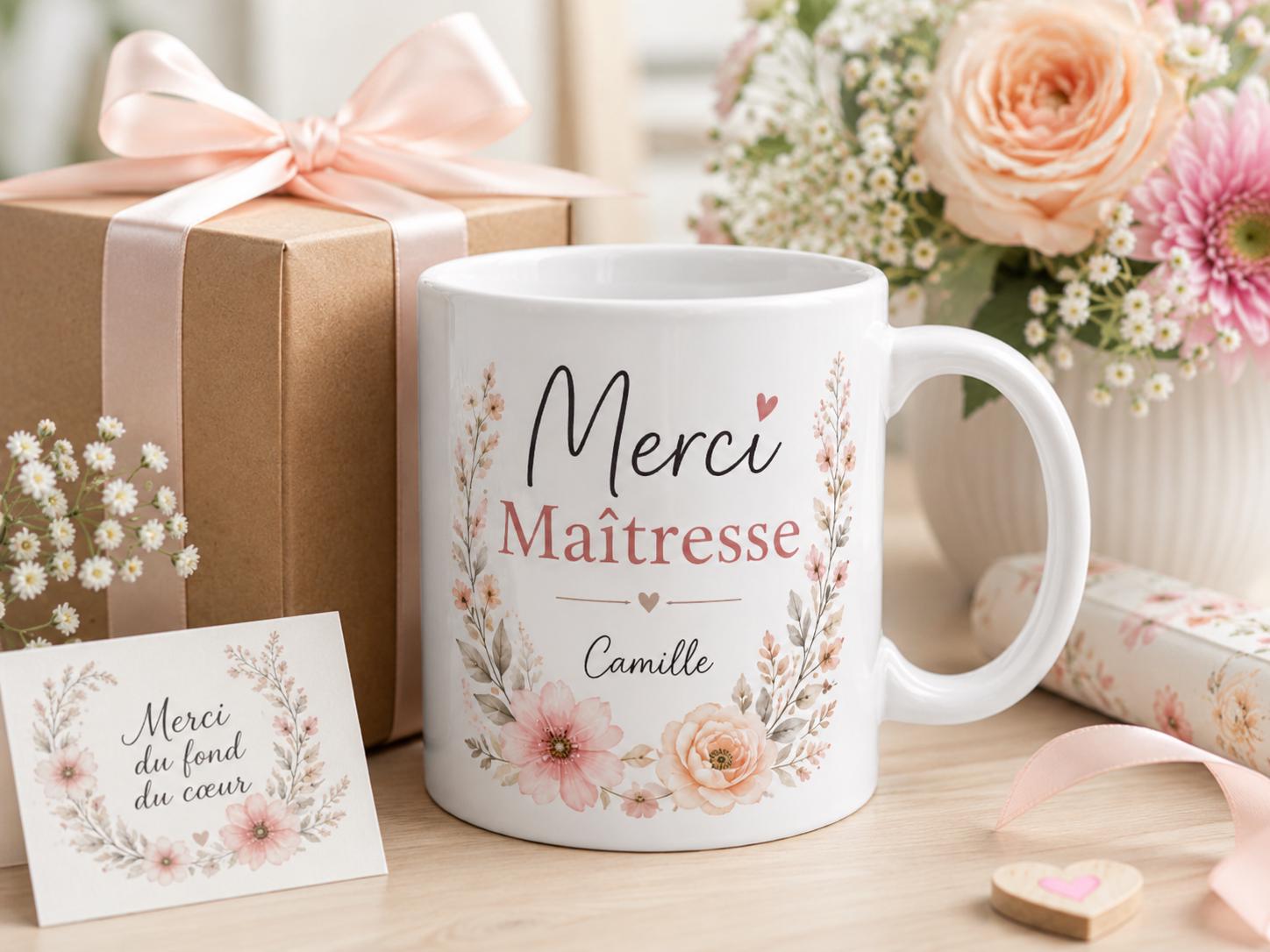 Mug Merci Maîtresse personnalisé sur bureau, cadeau enseignante original