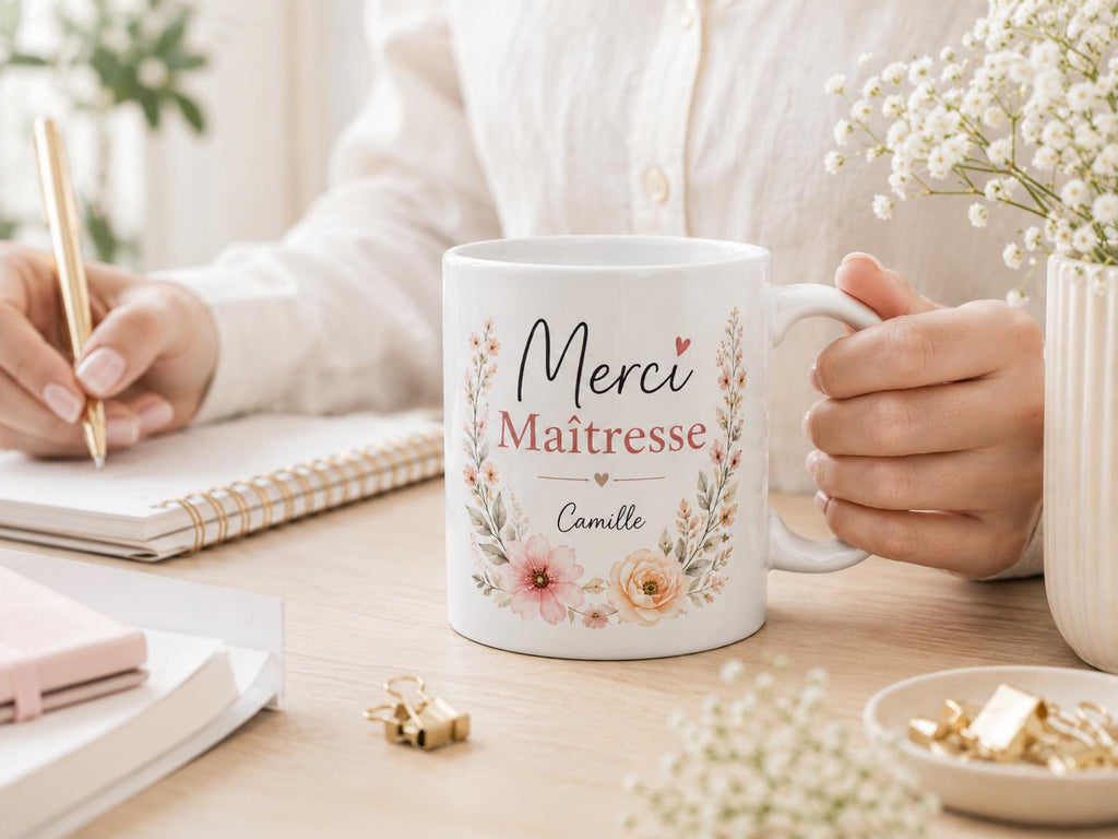 Mug Merci Maîtresse personnalisable, design floral unique et délicat