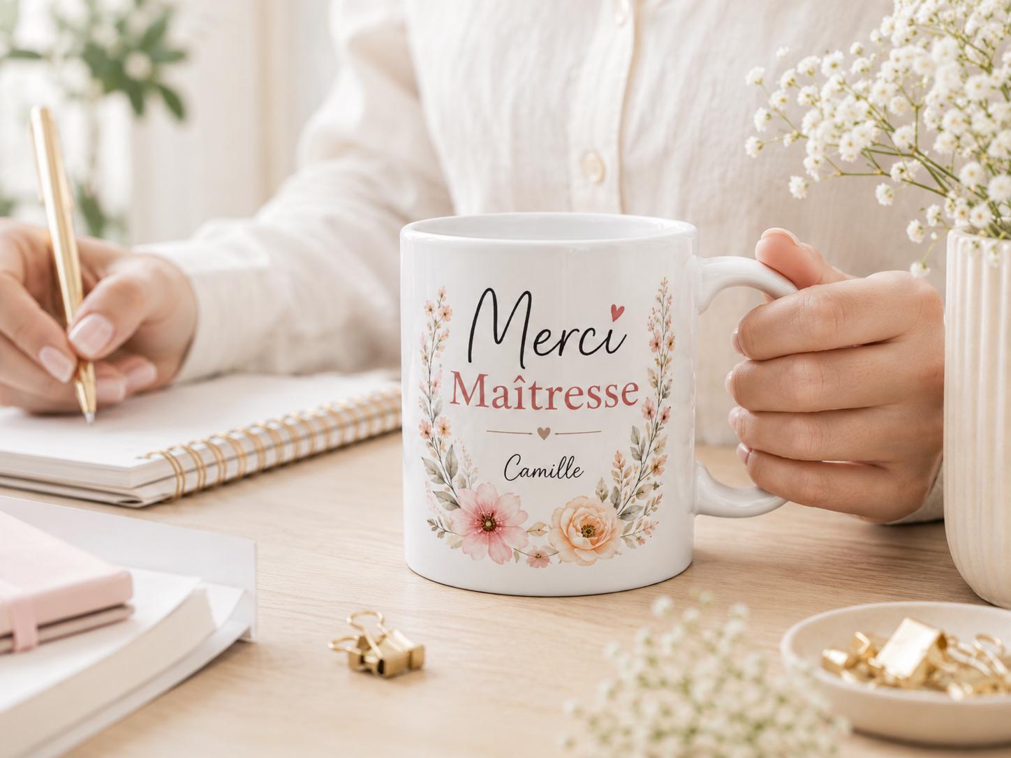 Mug Merci Maîtresse personnalisable, design floral unique et délicat