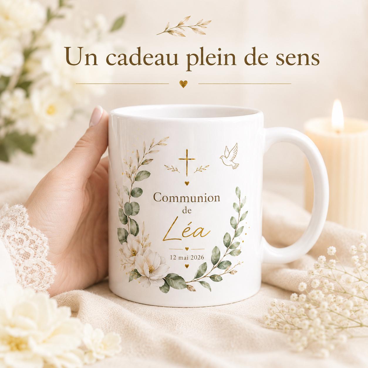Mug Baptême Communion Personnalisé, Prénom et Date, Cadeau Religieux Enfant Fille Garçon, Tasse Souvenir Chrétien
