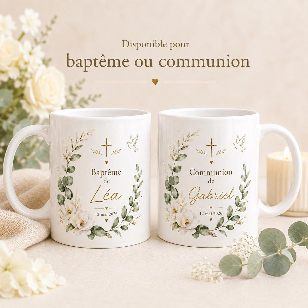 Mug Baptême Communion Personnalisé, Prénom et Date, Cadeau Religieux Enfant Fille Garçon, Tasse Souvenir Chrétien