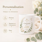 Mug Baptême Communion Personnalisé, Prénom et Date, Cadeau Religieux Enfant Fille Garçon, Tasse Souvenir Chrétien