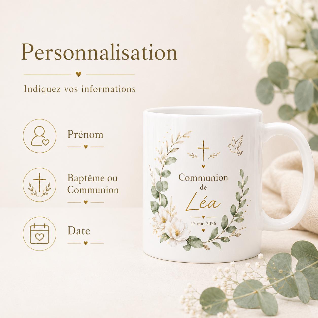 Mug Baptême Communion Personnalisé, Prénom et Date, Cadeau Religieux Enfant Fille Garçon, Tasse Souvenir Chrétien