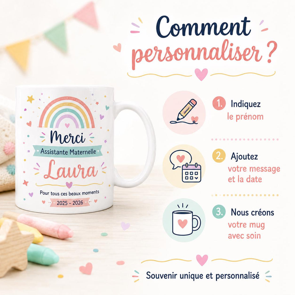 Mug Nounou Personnalisé, Cadeau Assistante Maternelle avec Prénom, Tasse Merci Nounou Fin d’Année, Souvenir Enfant