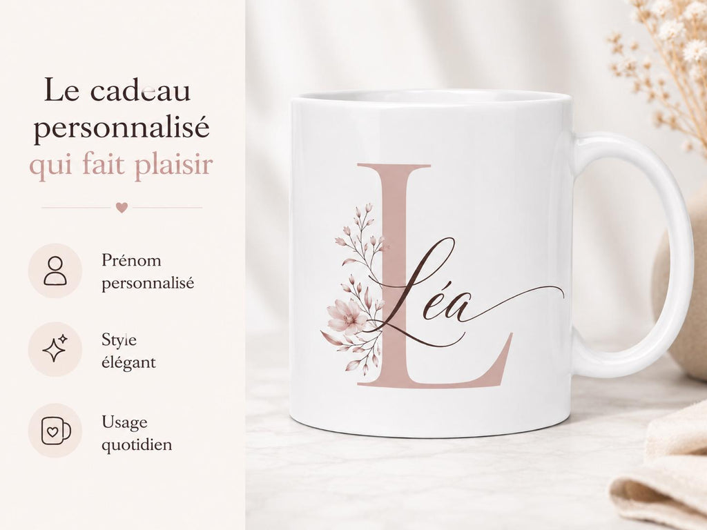Mug Prénom Personnalisé avec Initiale, Tasse Fleurie Personnalisée, Cadeau Femme, Amie, Maîtresse ou Nounou
