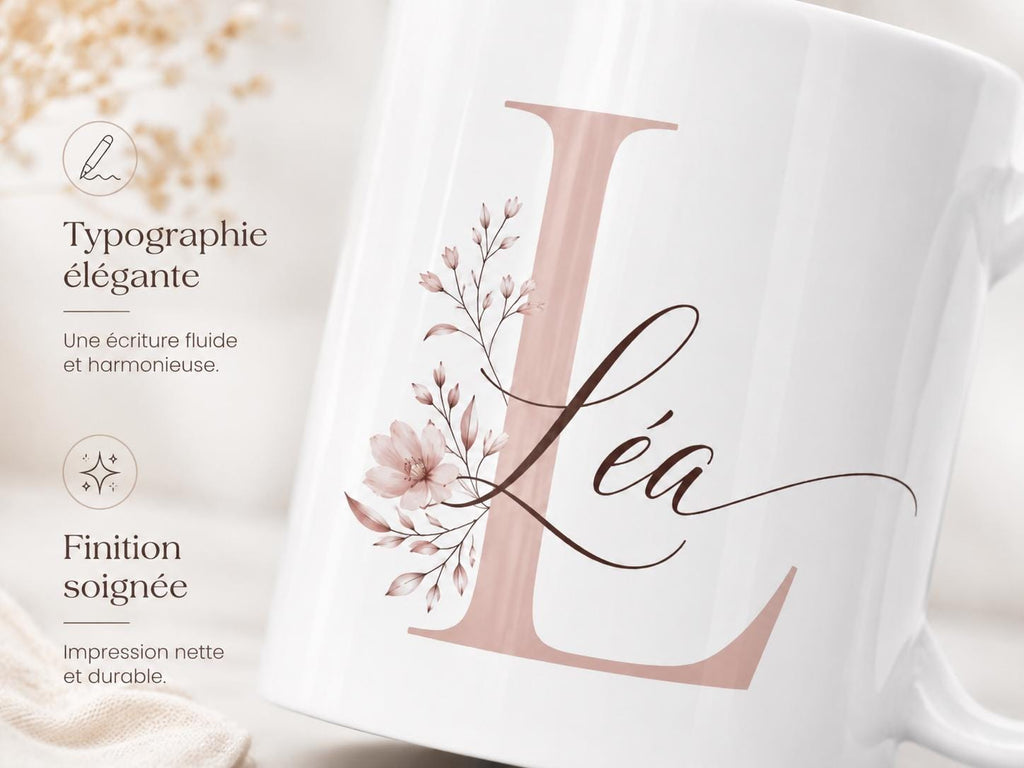 Mug Prénom Personnalisé avec Initiale, Tasse Fleurie Personnalisée, Cadeau Femme, Amie, Maîtresse ou Nounou