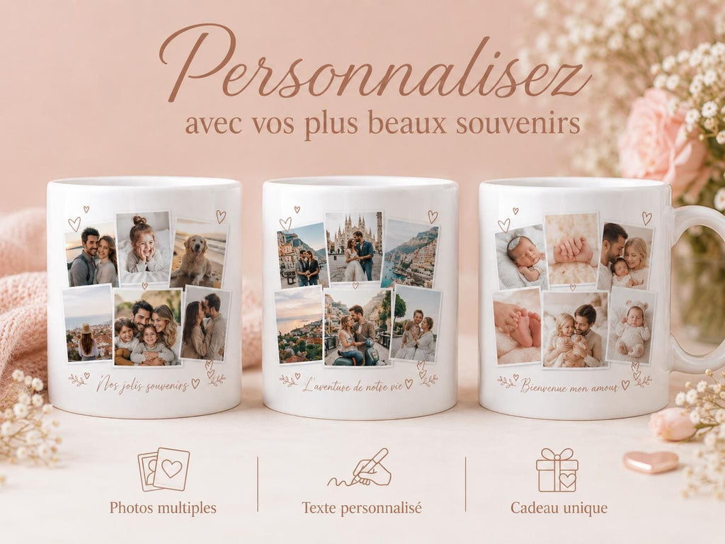 Mug Photo Pêle-Mêle Personnalisé, Tasse avec Plusieurs Photos, Cadeau Photo Famille Couple, Mug Souvenirs