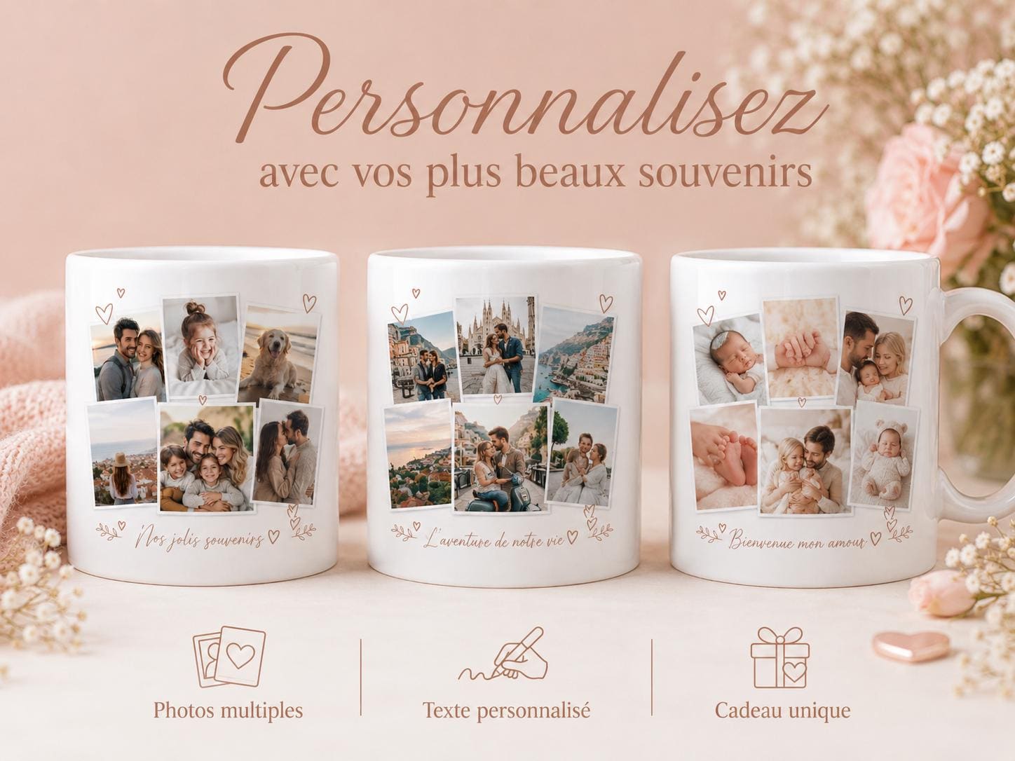 Mug Photo Pêle-Mêle Personnalisé, Tasse avec Plusieurs Photos, Cadeau Photo Famille Couple, Mug Souvenirs